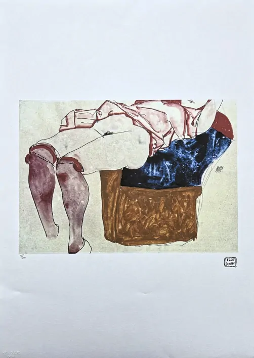 Egon Schiele - Reclining Woman With Mauve Stockings 58/200 - limitovaná edice, s certifikátem, 50x70 cm