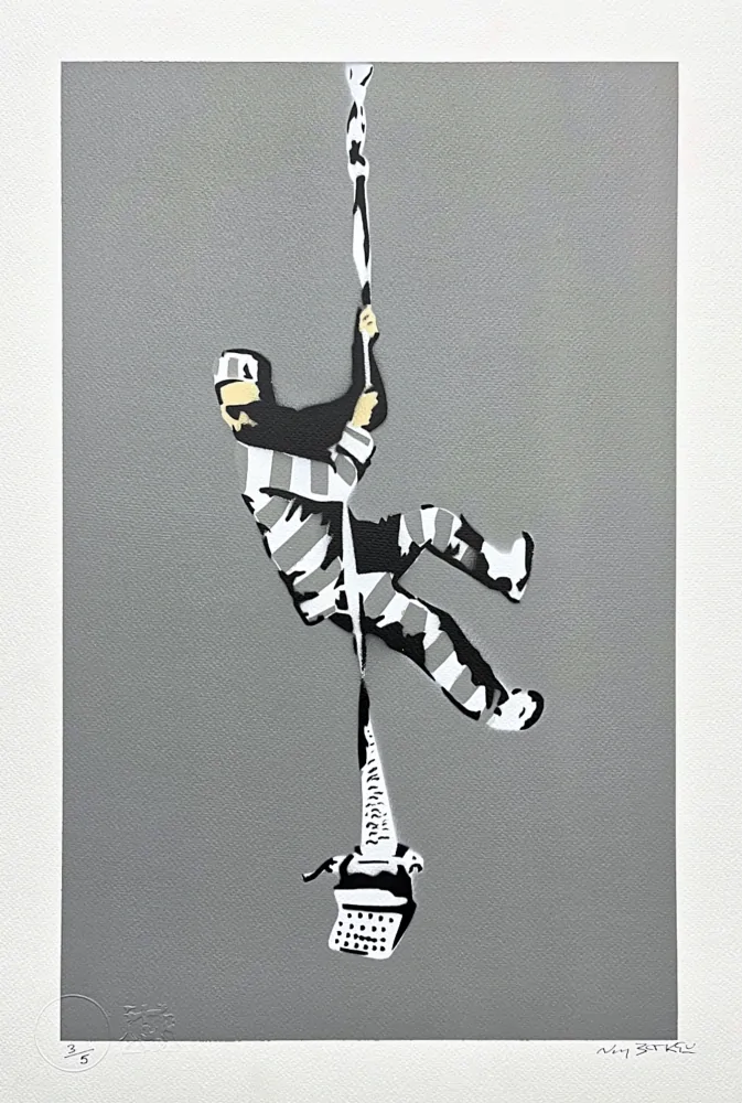 BANKSY/NOT BANKSY - Create escape gray 3/5 - originální ručně stříkaný sprej na papíře