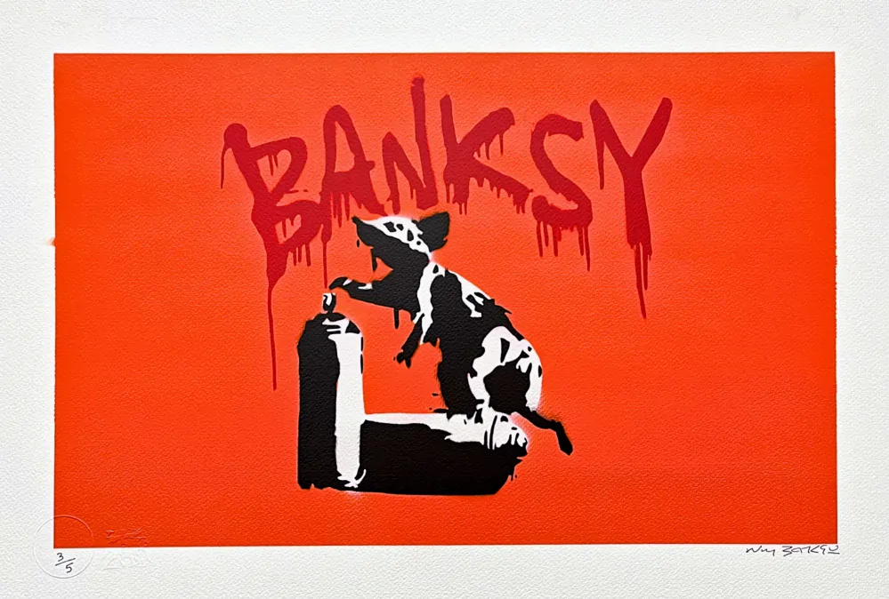 BANKSY/NOT BANKSY - Rat with Spray Cans orange 3/5 - originální ručně stříkaný sprej na papíře