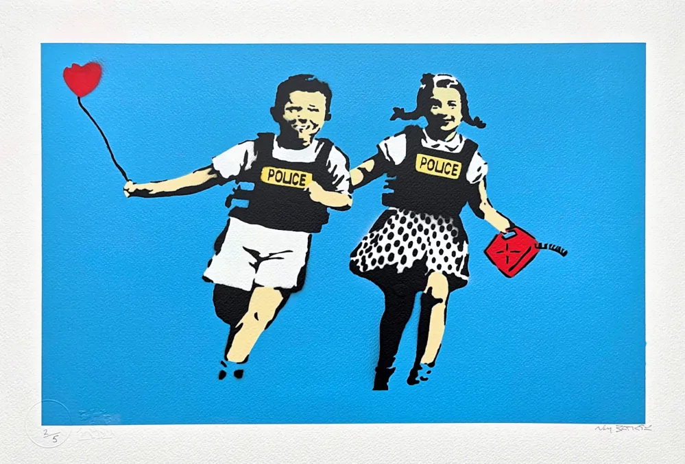 BANKSY/NOT BANKSY - Jack and Jill F-blue 2/5 - originální ručně stříkaný sprej na papíře