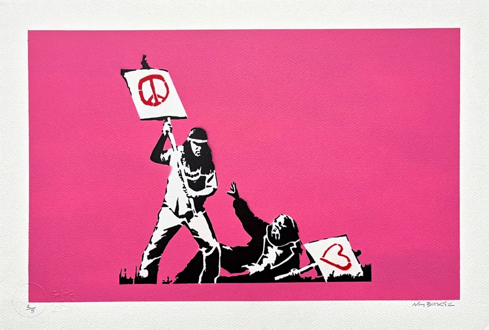 BANKSY/NOT BANKSY - Peace vs Love pink 2/5 - originální ručně stříkaný sprej na papíře