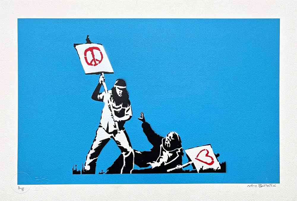 BANKSY/NOT BANKSY - Peace vs Love F-blue 2/5 - originální ručně stříkaný sprej na papíře