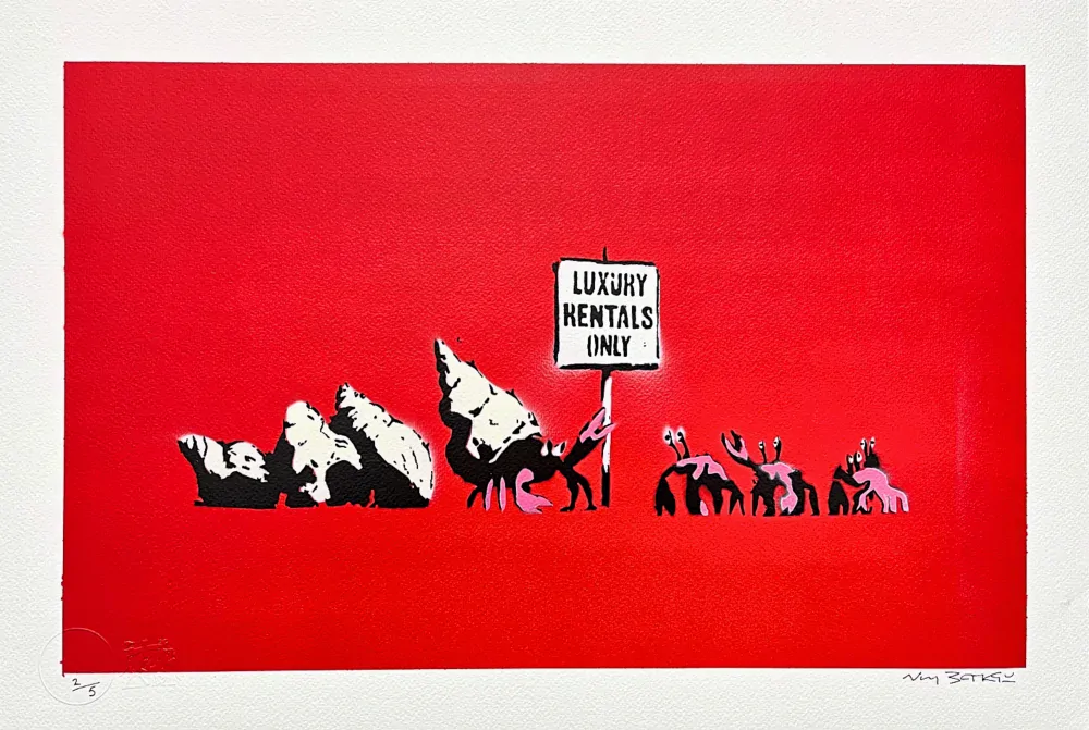 BANKSY/NOT BANKSY - Luxury Rentals Only red 2/5 - originální ručně stříkaný sprej na papíře