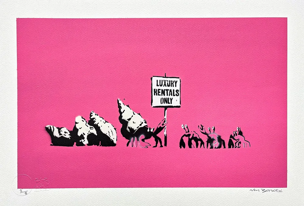 BANKSY/NOT BANKSY - Luxury Rentals Only pink 2/5 - originální ručně stříkaný sprej na papíře