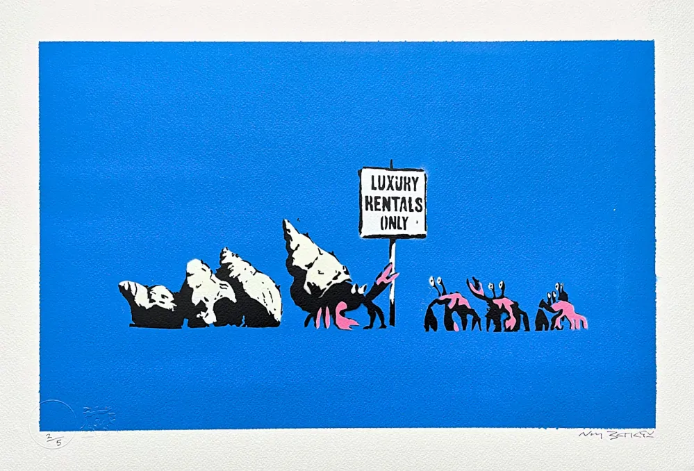 BANKSY/NOT BANKSY - Luxury Rentals Only blue 2/5 - originální ručně stříkaný sprej na papíře