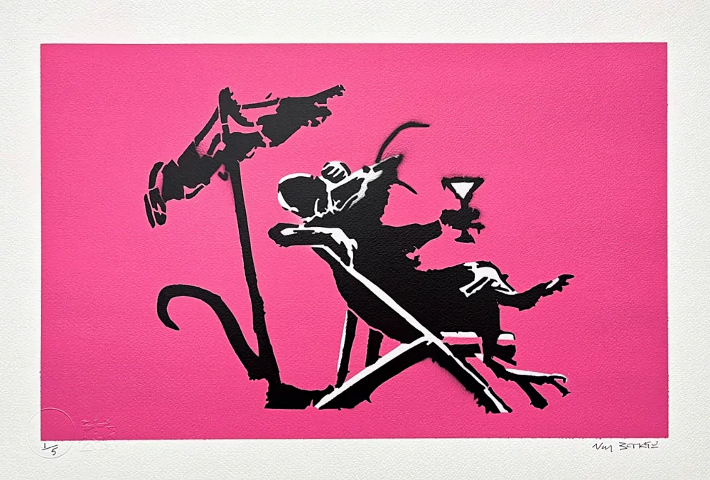 BANKSY/NOT BANKSY - Rat Drinking Coctail pink 1/5 - originální ručně stříkaný sprej na papíře