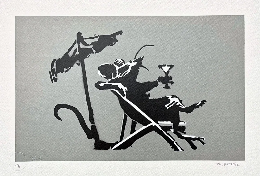 BANKSY/NOT BANKSY - Rat Drinking Coctail gray 1/5 - originální ručně stříkaný sprej na papíře