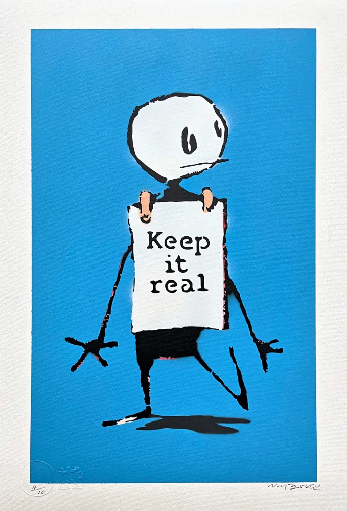 BANKSY/NOT BANKSY - Keep it Real F-blue 4/10 - originální ručně stříkaný sprej na papíře