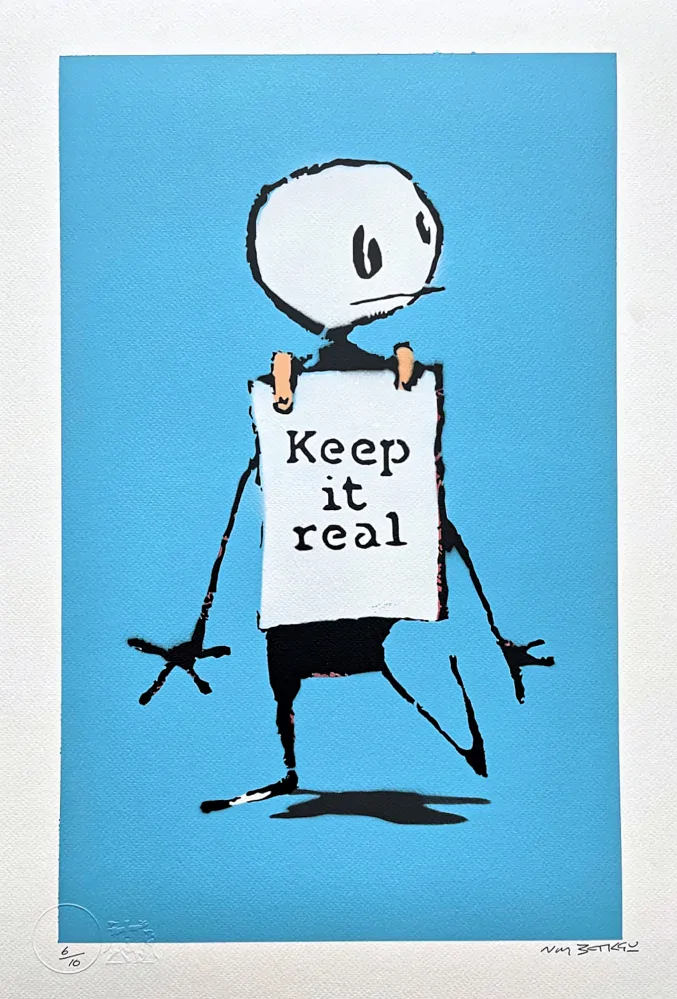 BANKSY/NOT BANKSY - Keep it Real L-blue 6/10 - originální ručně stříkaný sprej na papíře