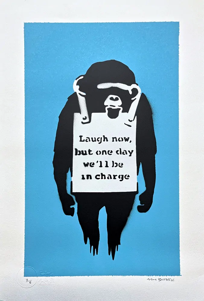 BANKSY/NOT BANKSY - Laugh Now L-blue 2/5 - originální ručně stříkaný sprej na papíře