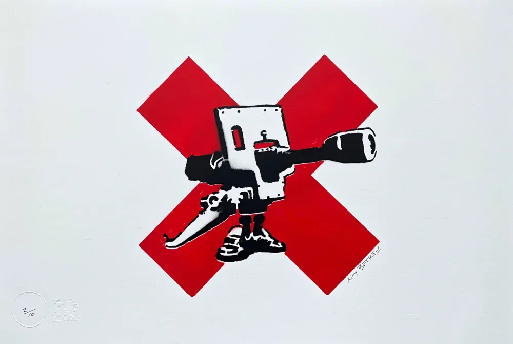 BANKSY/NOT BANKSY - Anti Tank Gun 2/10 - originální ručně stříkaný sprej na papíře