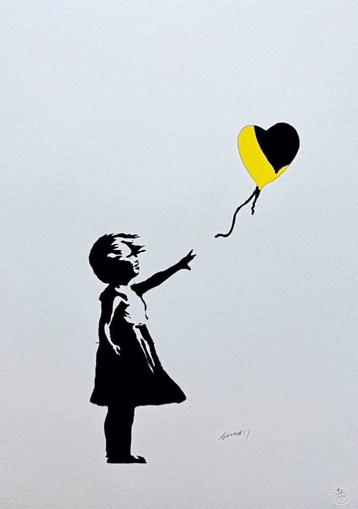 Banksy - Girl with Balloon černo-žlutá 92/150 - číslovaná edice s certifikátem, 50x70cm