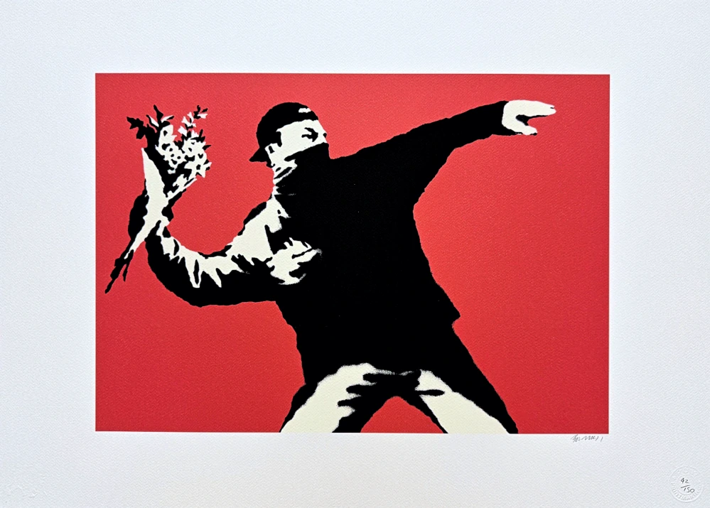 Banksy - Flower Thrower 42/150 - číslovaná edice s certifikátem, 70x50cm