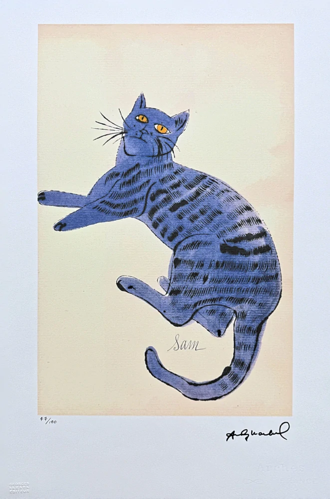 Andy Warhol - Cat Sam - tmavě modrý ležící 47/100 - edice Leo Castelli s certifikátem