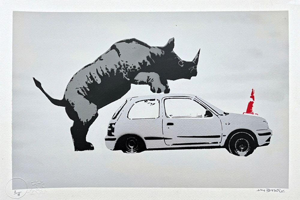BANKSY/NOT BANKSY - Rhino love s/gray 2/5 - originální ručně stříkaný sprej na papíře