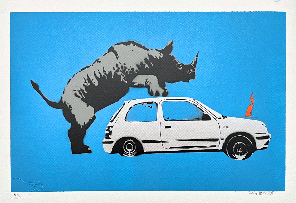 BANKSY/NOT BANKSY - Rhino love f/blue 2/5 - originální ručně stříkaný sprej na papíře