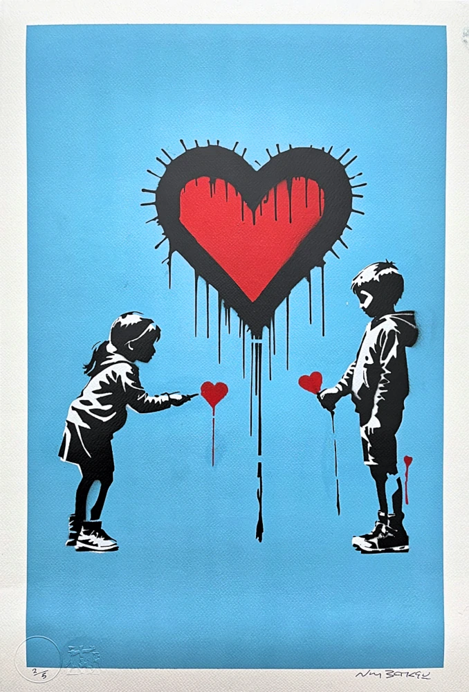 BANKSY/NOT BANKSY - Express your love L-blue 2/5 - originální ručně stříkaný sprej na papíře