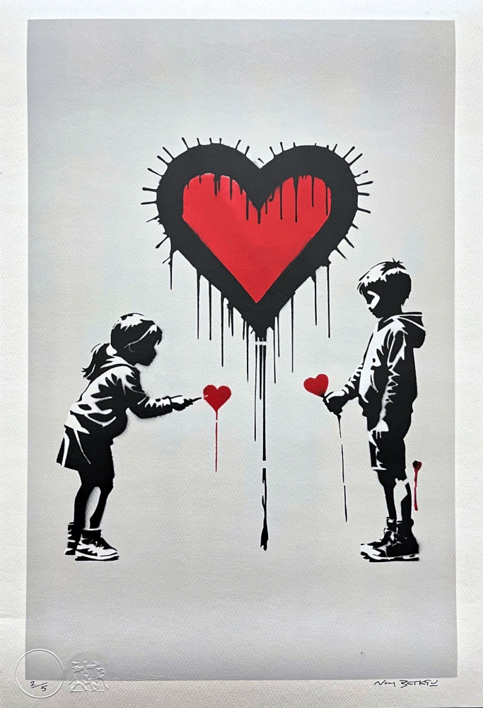 BANKSY/NOT BANKSY - Express your love S-gray 2/5 - originální ručně stříkaný sprej na papíře