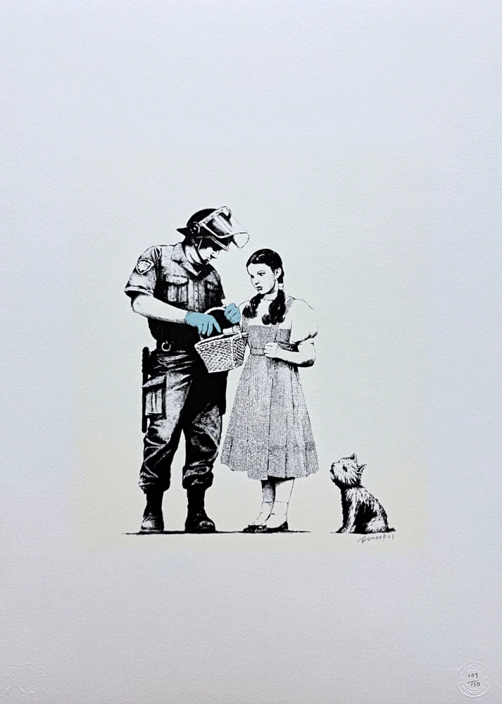 Banksy - Stop and Search v modrých rukavicích 109/150 - číslovaná edice s certifikátem, 50x70cm