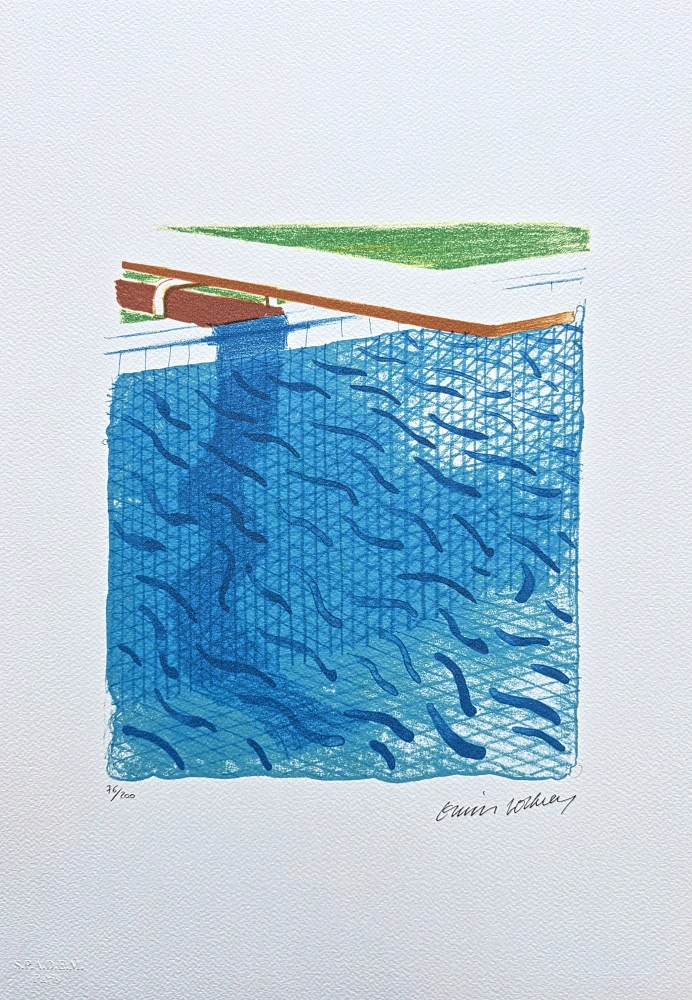 David Hockney - Pool made with paper and blue ink for book 76/200 - limitovaná edice, s certifikátem, 35x50 cm