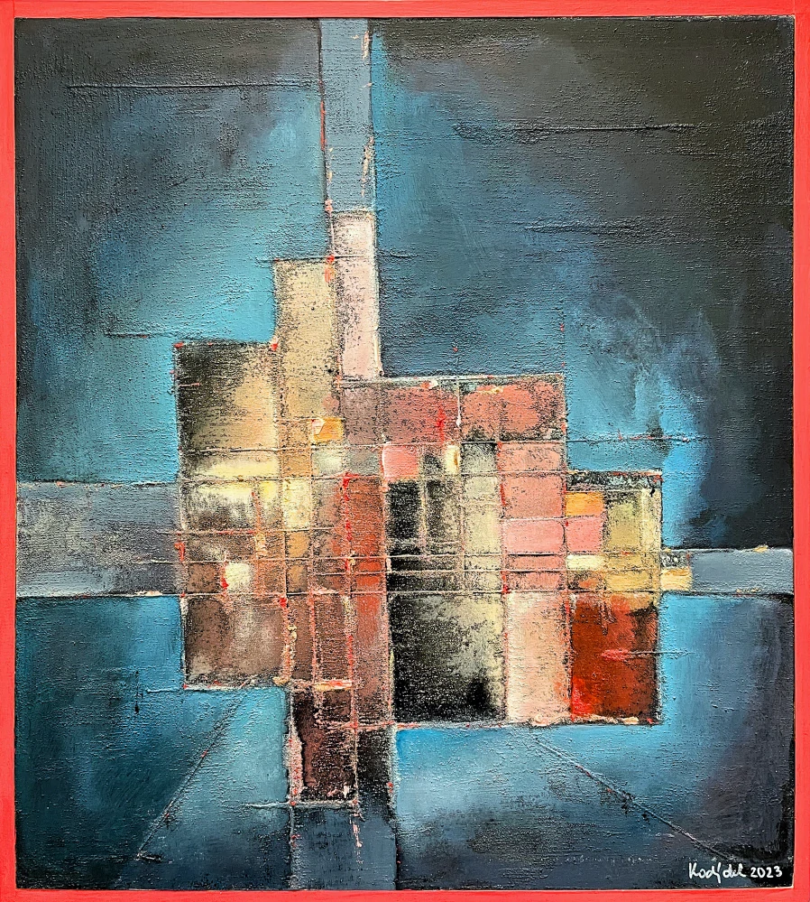 Karel Kodýdek - Setkání ve vzduchoprázdnu - olej na plexiskle, signováno, rámováno, 45x50 cm