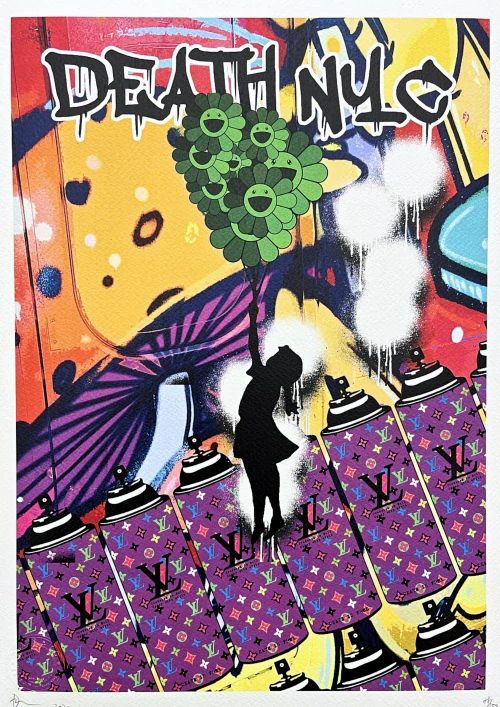 Death NYC - Girl with Murakami balloon a spray - limitovaná edice s certifikátem, 32x45cm