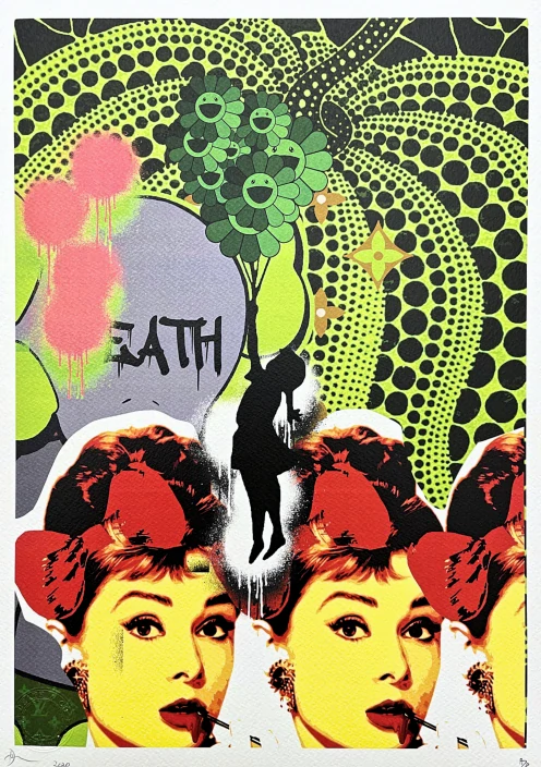 Death NYC - Audrey Hepburn with Kusama pumpkin - limitovaná edice s certifikátem, 32x45cm