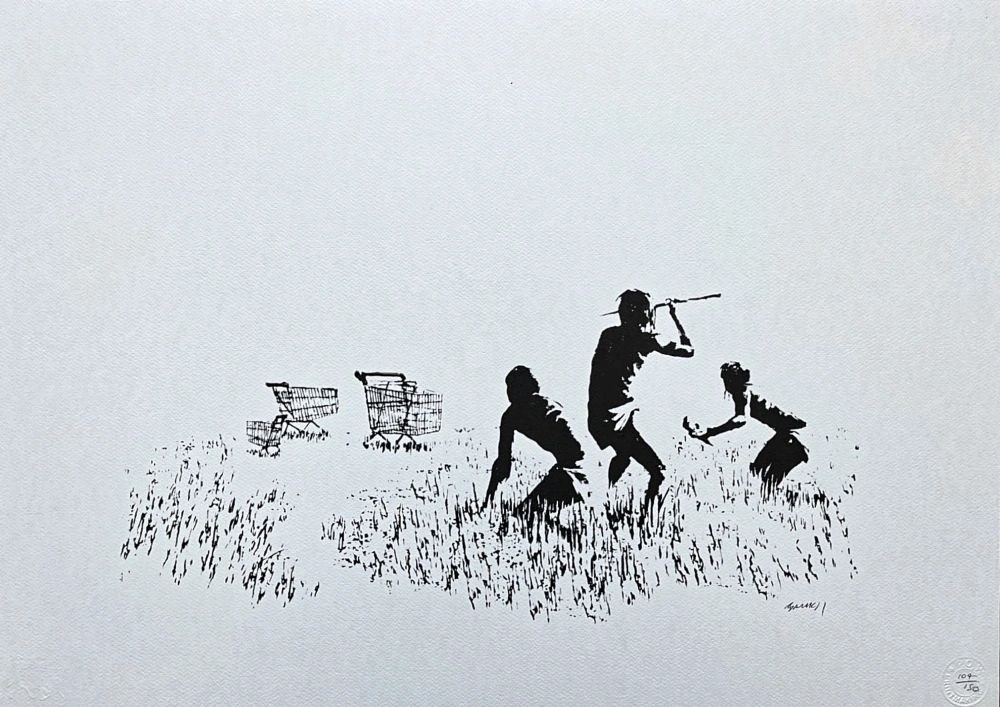 Banksy - Trolley hunters černo-bílé 104/150 - číslovaná edice s certifikátem, 70x50cm