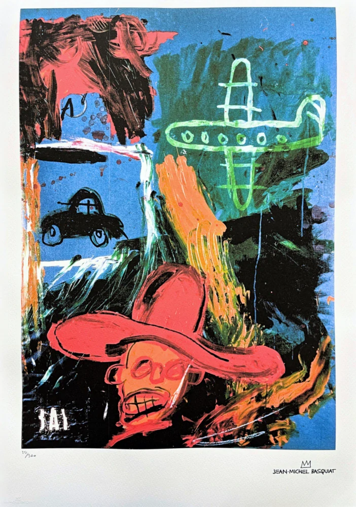 Jean-Michel Basquiat - Man with car and aeroplane 251/300 - limitovaná edice, signováno, 50x70cm