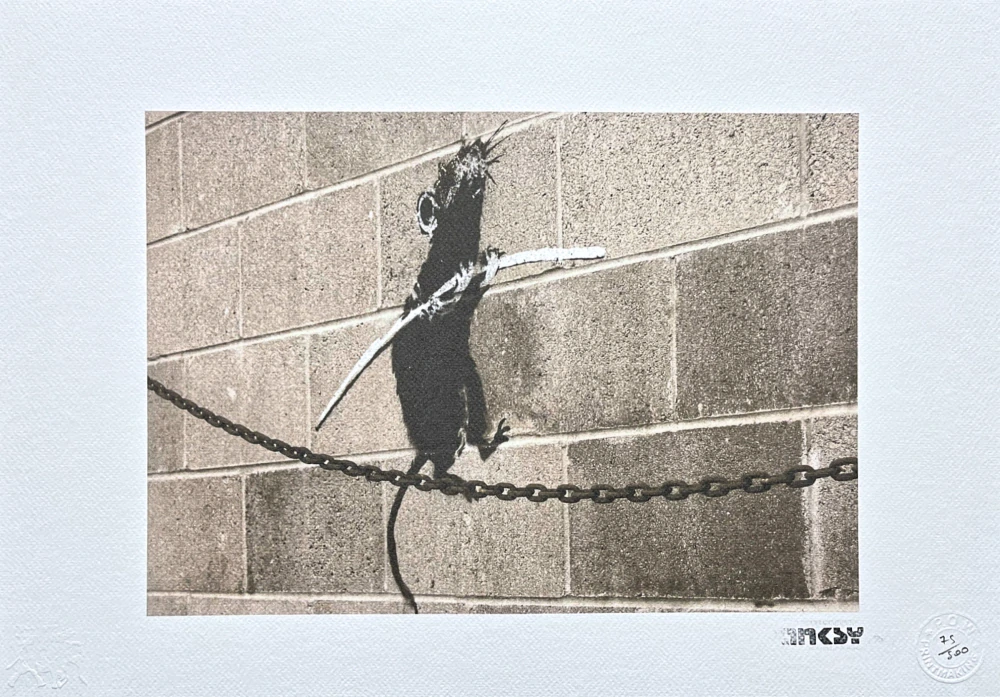 Banksy - Tightrope Rat 75/150 - číslovaná edice s certifikátem, razítko, 50x35cm