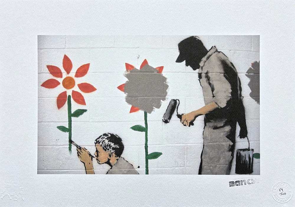 Banksy - Boy with flower wall 89/150 - číslovaná edice s certifikátem, razítko, 50x35cm