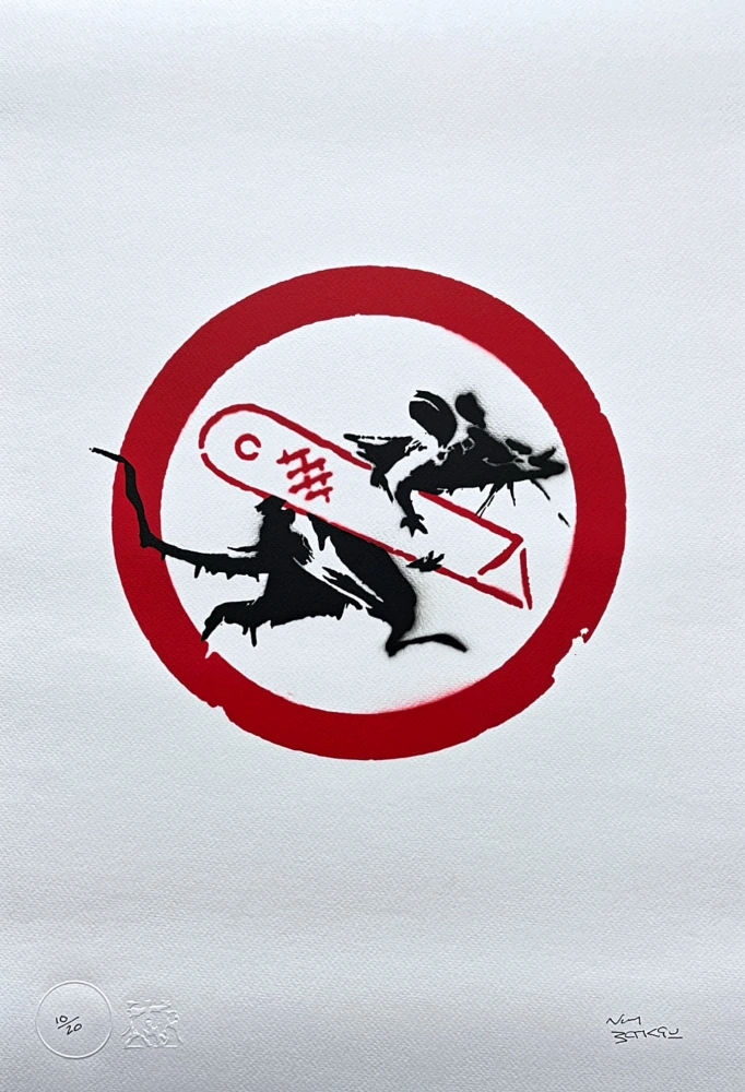 BANKSY/NOT BANKSY - Cut and Run 10/20 - originální ručně stříkaný sprej na papíře