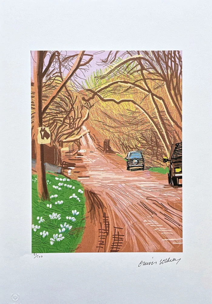 David Hockney - The Arrival of Spring in Woldgate - Road with Cars 83/500 - limitovaná edice s certifikátem, 35x50 cm