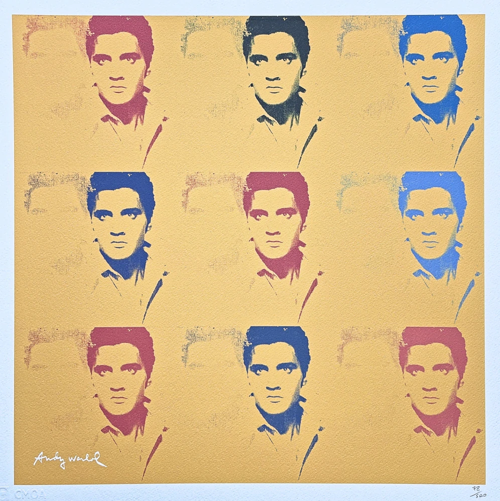 Andy Warhol - 9x Elvis Presley v béžové 78/500 - signováno, 50x50cm, limitovaná edice CMOA s certifikátem