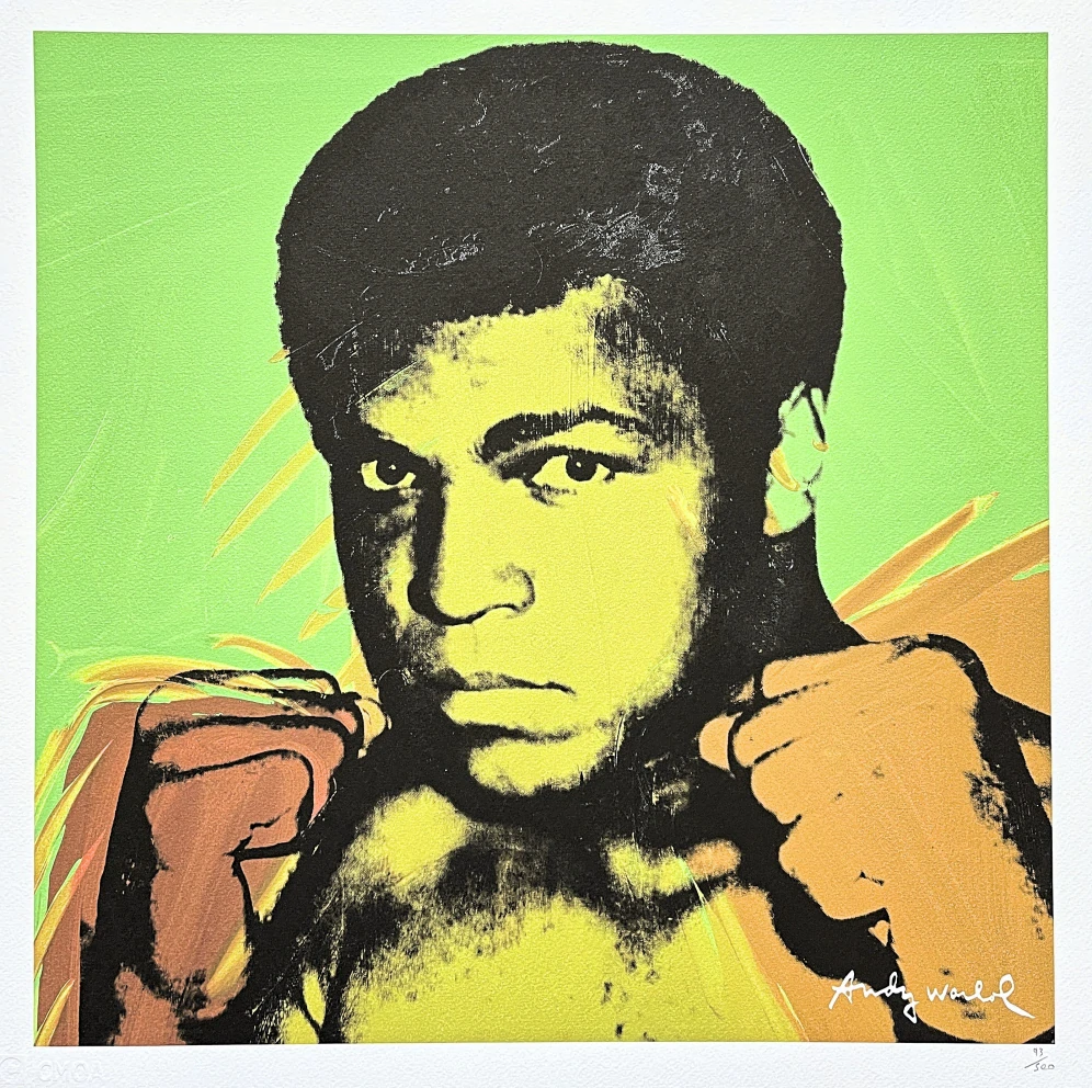 Andy Warhol - Muhammad Ali zelený se žlutou a hnědou 93/500 - signováno, 50x50cm, limitovaná edice CMOA s certifikátem