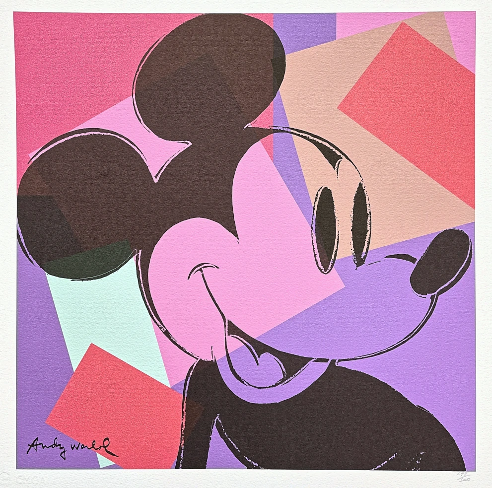 Andy Warhol - Mickey Mouse růžovo-fialový 248/500 - signováno, 50x50cm, limitovaná edice CMOA s certifikátem