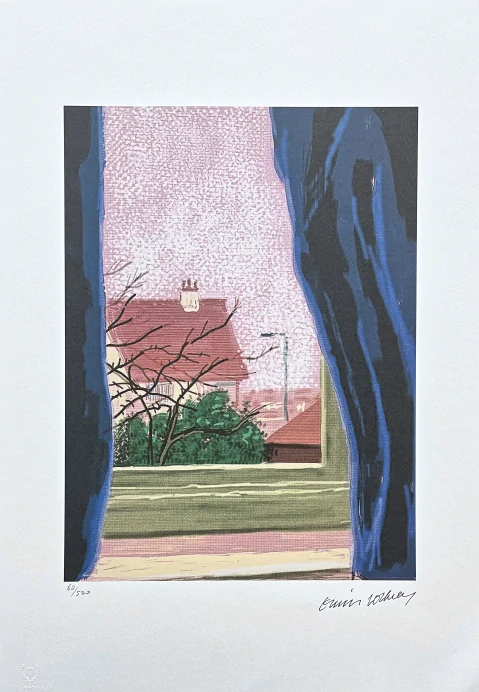 David Hockney - View from the window with blue curtains 80/500 - limitovaná edice, s certifikátem, 35x50 cm