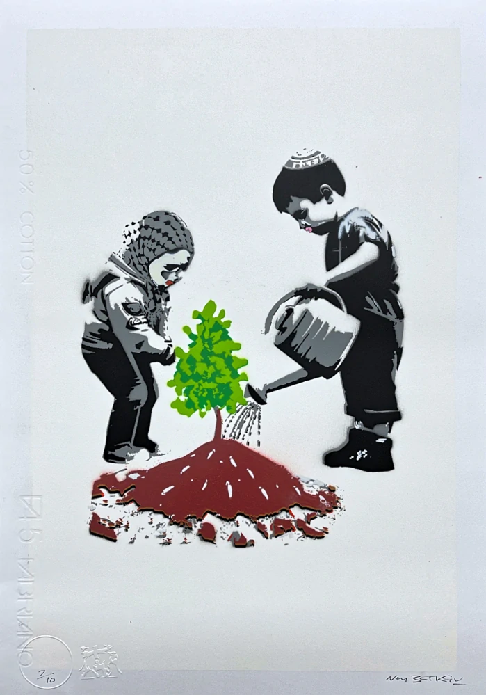 BANKSY/NOT BANKSY - Out of War Comes Hope 7/10 - originální ručně stříkaný sprej na papíře