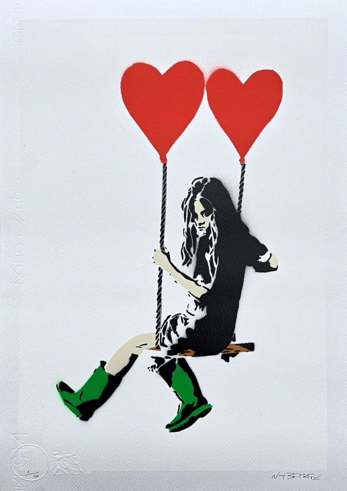 BANKSY/NOT BANKSY - Love is in the air 7/10 - originální ručně stříkaný sprej na papíře