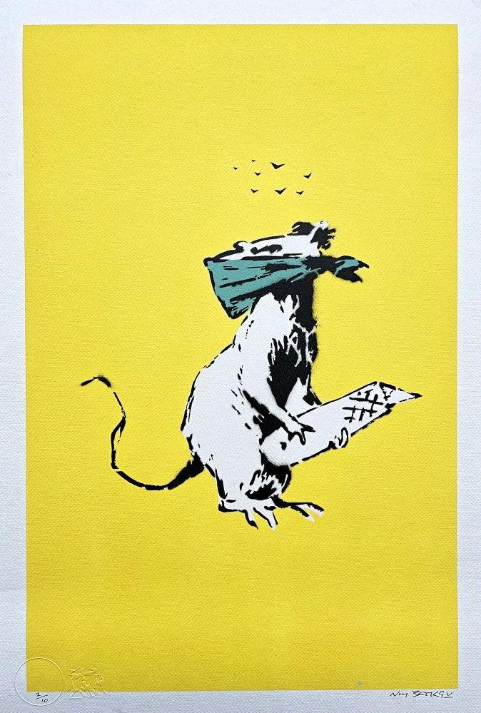BANKSY/NOT BANKSY - Rat with Scalpel yellow 2/10 - originální ručně stříkaný sprej na papíře