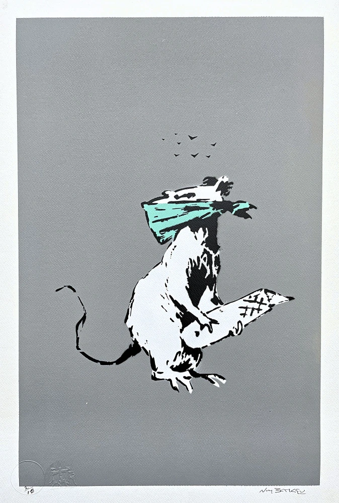 BANKSY/NOT BANKSY - Rat with Scalpel gray 2/10 - originální ručně stříkaný sprej na papíře