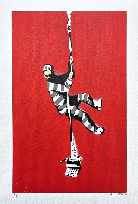 BANKSY/NOT BANKSY - Create escape red 3/5 - originální ručně stříkaný sprej na papíře