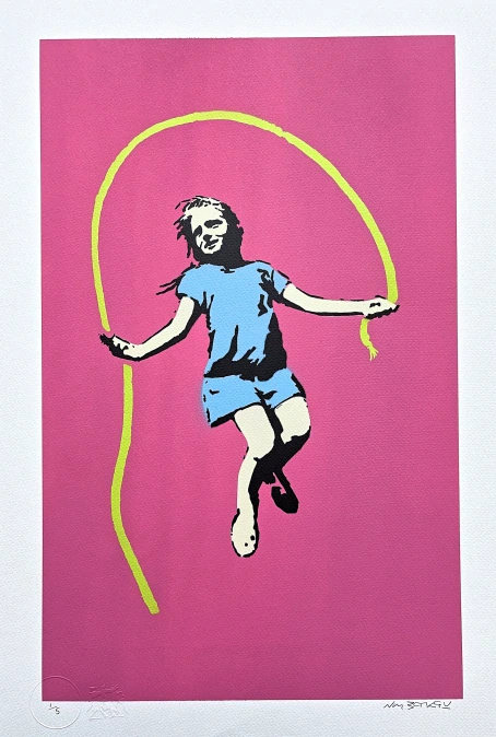 BANKSY/NOT BANKSY - Girl with skipping rope pink 1/5 - originální ručně stříkaný sprej na papíře