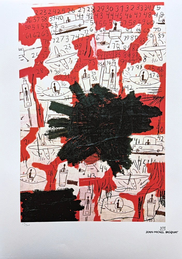 Jean-Michel Basquiat - Red and Black with Numbers and Boats - x/300 - limitovaná edice, signováno, 50x70cm