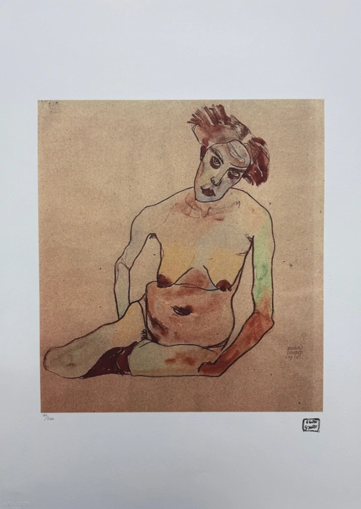 Egon Schiele - Seated Female Nude with Tilted Head and Raised Arms - x/200 - limitovaná edice, s certifikátem, 50x70 cm