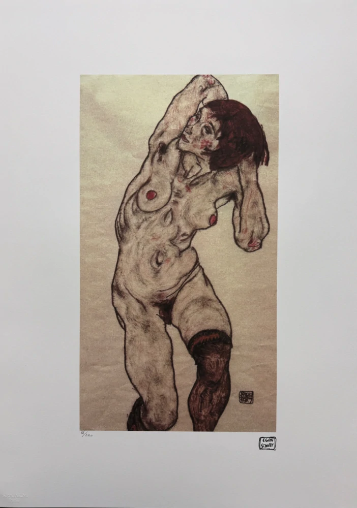 Egon Schiele - Kneeling Female Nude with Raised Arms - x/200 - limitovaná edice, s certifikátem, 50x70 cm