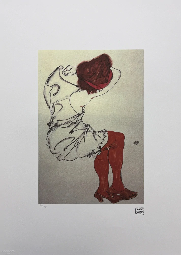 Egon Schiele - Woman in White Blouse and Red Stockings Seen from Behind - x/200 - limitovaná edice, s certifikátem, 50x70 cm