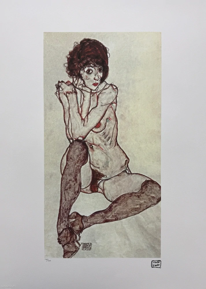 Egon Schiele - Seated Female Nude with Dark Stockings - x/200 - limitovaná edice, s certifikátem, 50x70 cm
