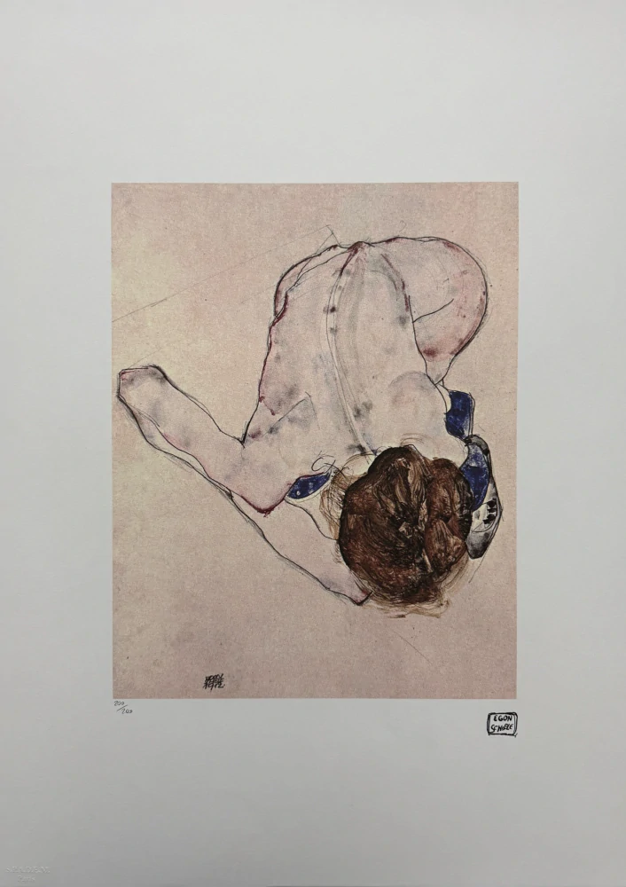 Egon Schiele - Reclining Female Nude with Blue Accents - x/200 - limitovaná edice, s certifikátem, 50x70 cm