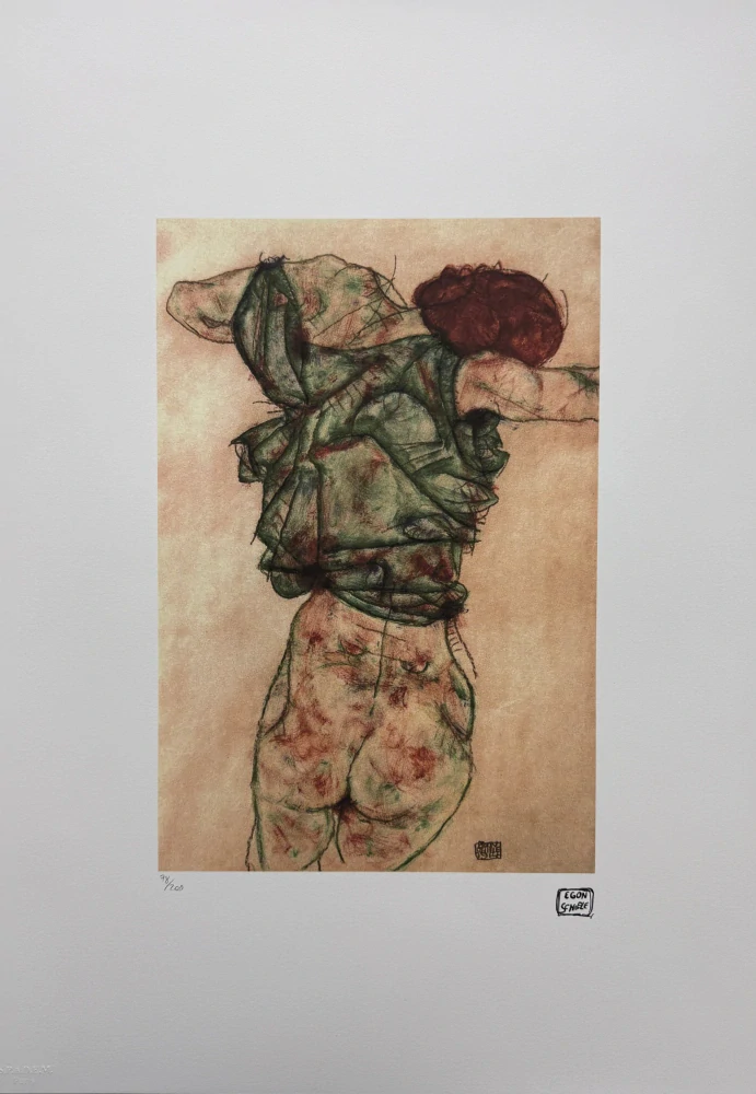 Egon Schiele - Standing Female Nude in Green Blouse Seen from Behind x/200 - limitovaná edice, s certifikátem, 50x70 cm
